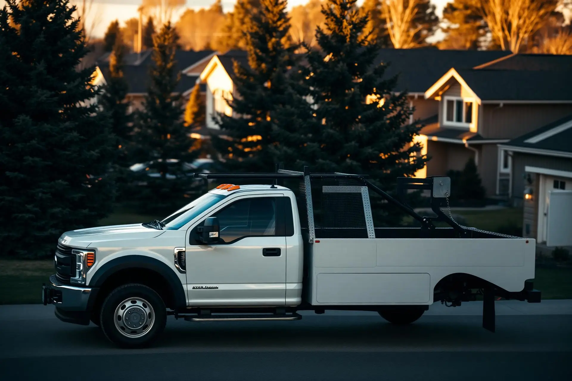 FMASM flatbed work truck in a Fort McMurray neighborhood